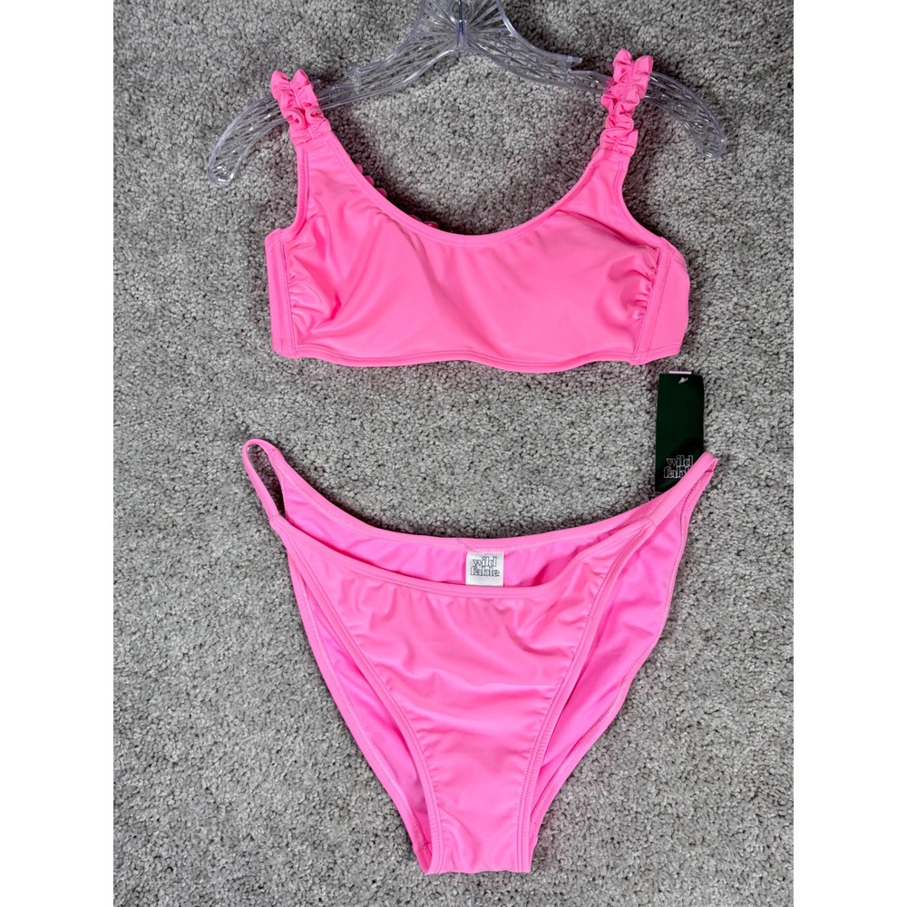 Wild Fable Pink Ruched Strap Bikini Set Swimsuit Top Bottoms Size L 12-14